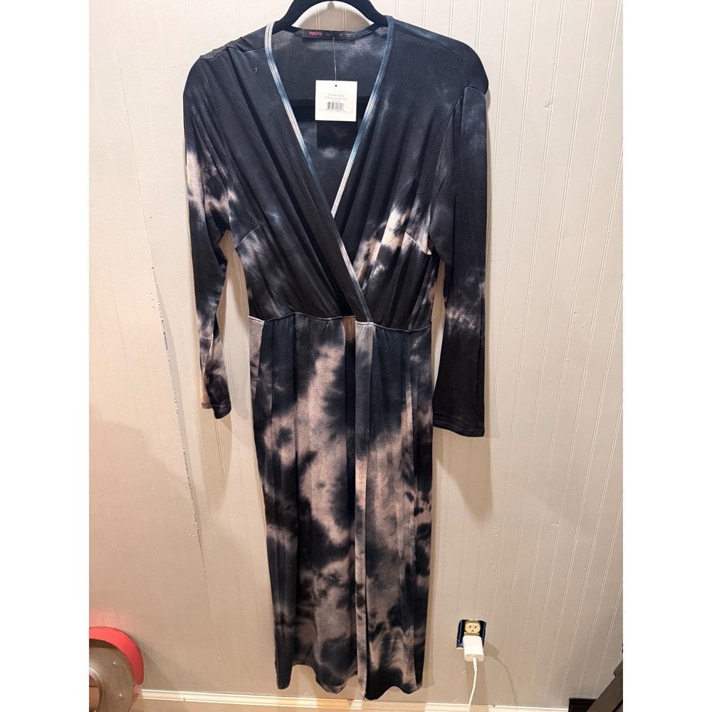 Fraiche by J Tie Dye Wrap Maxi Dress Black Grey Long Sleeve V-Neck Medium NWT
